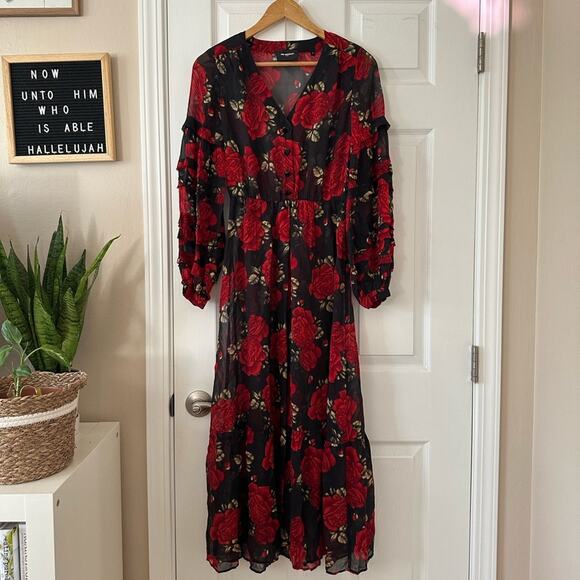 strapless open back dress The Kooples Flowy Rose Dress -Black/Red/Green – New Love The Shop main image 0